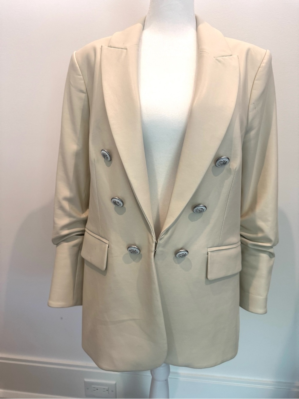 Veronica Beard Cream Double-Breasted Faux Leather Blazer - Picture 2 of 8